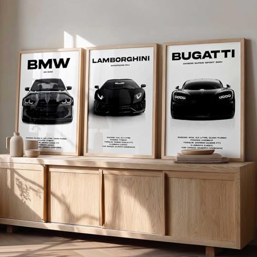 Image of HOTHOUSE Big BMW M3, Lamborghini Aventador, Bugatti Chiron Cars Framed Posters Gift Items for Boys Room Wall Decoration | Car Poster Frame for Wall Decor Set Of 3 Size (19 X 25 inch)