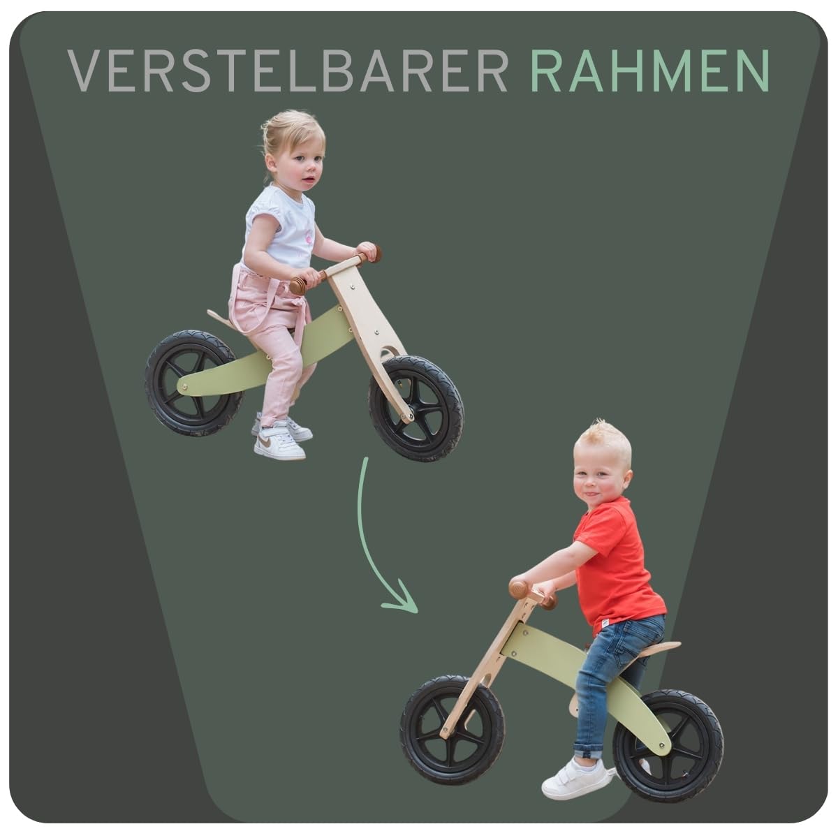 Bandits & Angels Holzlaufrad Retro Grün 2 in 1 Grün ab 2 Jahren – Wenderahmen – Sattel höhenverstellbar – Laufrad aus Holz – für Jungen und Mädchen