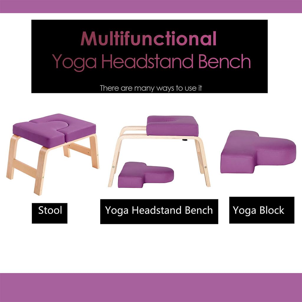 Sedia per Inversione Yoga, Cuscino Sedile Rimovibile, Panca Yoga Multifunzionale, Struttura in Legno Massello Sgabello Yoga per Famiglia e Palestra,Viola