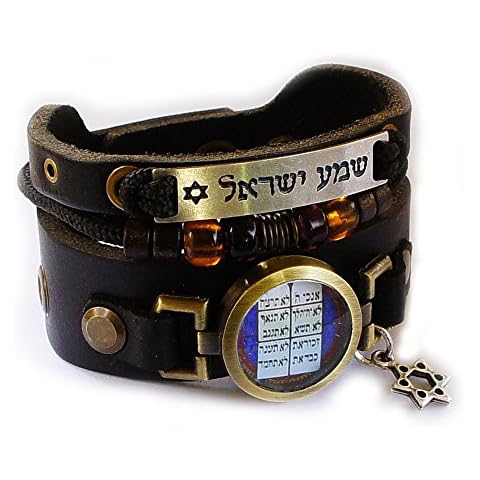 Lost Tribe Designs Hebrew Biblical Ten Commandments Leather Bracelet with Star of David and Beads (Men's wrist: 7.5-8.5 Inches) Cover