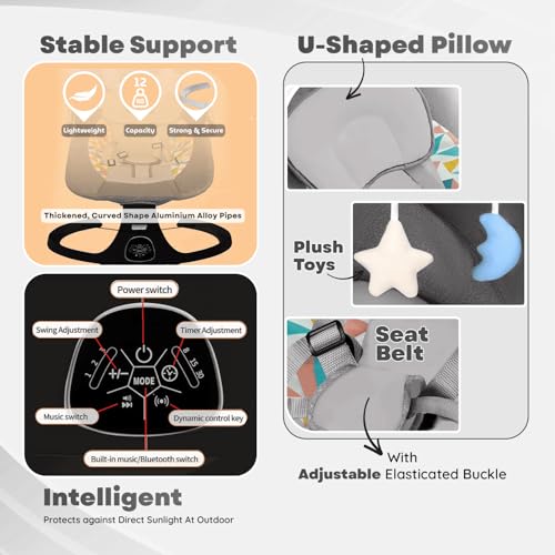 Image of Electric Baby Swing Rocker with Bluetooth Music, Remote Control, 5-Point Safety Harness, Soft Cushion, Mosquito Net & Canopy, Infant Swing for 0-12 Months (Grey)