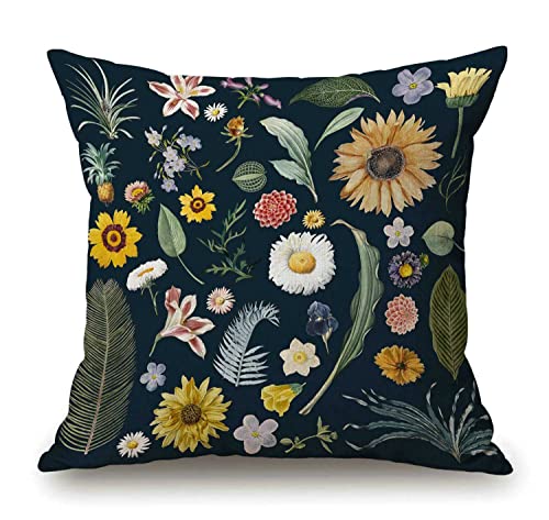 Solekla Blue Floral Farmhouse Decor Family Decoration Botanical Cotton Linen Home Decorative Throw Pillow Case Cushion Cover Floral for Sofa Couch, 18 x 18 in
