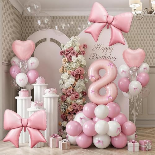 Image of 8th Birthday Decorations for Girl,Pink 8 Balloons for Party Decorations | 8 Year Old Birthday Decoration,Anniversary Party Decor,Pink White Balloons,Bow Print Balloons,Heart Balloons