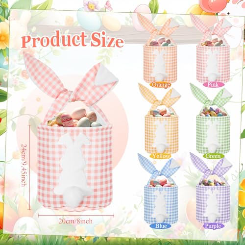 Image of 6 Pcs Bunny Canvas Bags Rabbit Print Basket with Foldable Ears Candy Goodie Bunny Tote Gift Bag for Birthday Party Decorations Supplies(Cute Color,Plaid)