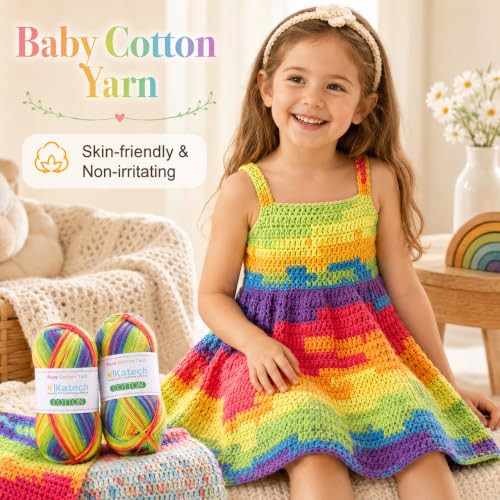 Image of Katech 1OO% Rainbow Cotton Yarn for Crocheting - 2 Sport Weight Baby Yarn for Knitting, 6 Pcs of 50g(1.76oz) /160m(175yd), Fine Soft Multicolor Yarns for Baby Blankets, Afghans, Shawls, Dress, Hats (C)