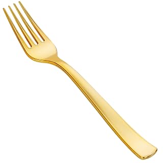 YOUBET 50PCS Gold Plastic Forks - Heavy Duty Plastic Forks - Solid Durable Gold Disposable Silverware for Party Picnic Wedding and Daily Use & Thanksgiving - Amazon product rated Grade A