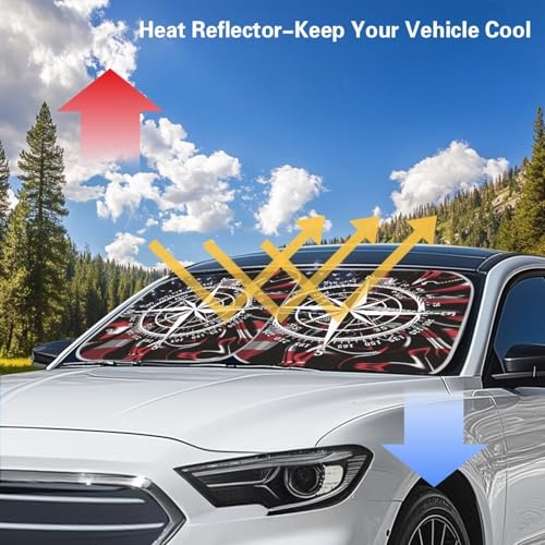 Image of Car Front Windshield Sun Shade Reflect UV Sun and Heat Compass Flag Foldable 2-Piece Car Windshield Sunshades Interior Accessories Protection Universal Vehicle Accessories