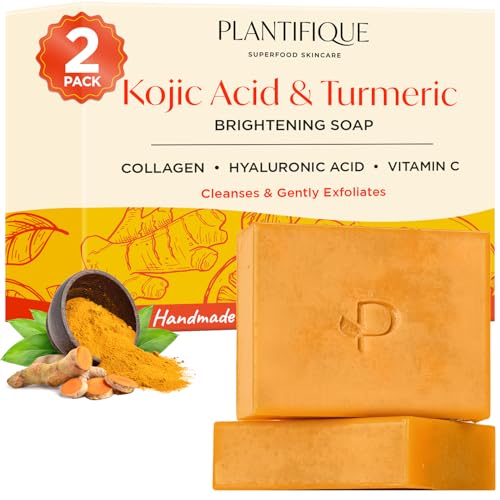 PLANTIFIQUE Turmeric & Kojic Acid Soap | Sapone Esfoliante Viso e Corpo | Saponetta Detergente Solida Scrub Donna e Uomo | Peeling Naturale e Tono Pelle Uniforme | 2 Pezzi