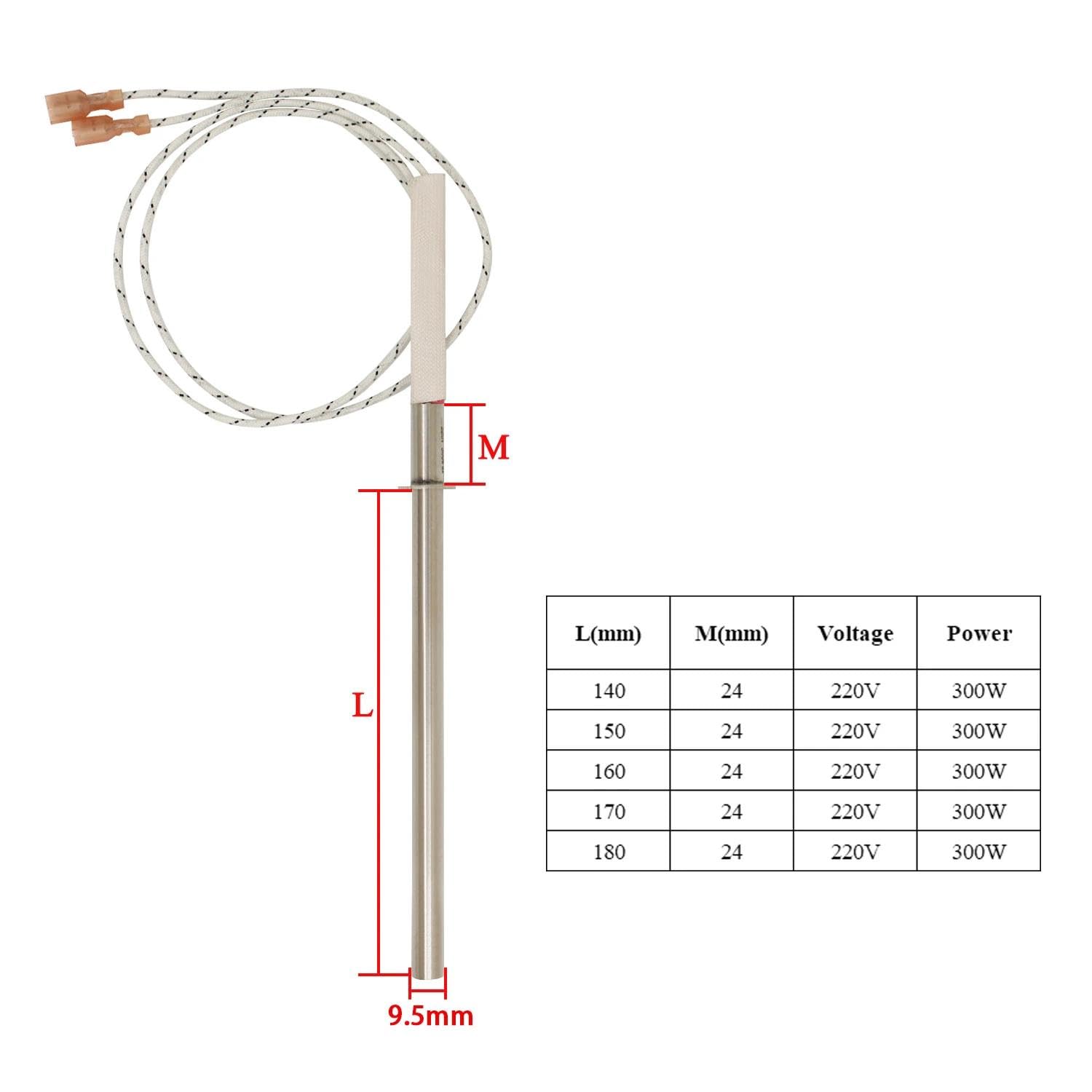 Bujia resistencia estufa pellets 220v 300w resistencia encendido pellets diámetro 9.5mm x 140 150 160 170 180mm (Longitud 160mm)