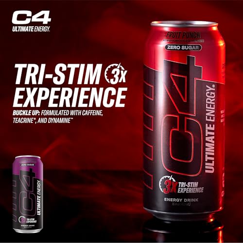 Image of C4 Ultimate Zero Sugar Energy Drink, Tri-Stim Experience with 300mg Caffeine + TeaCrine + Dynamine, Atomic Grape, 16oz (Pack of 12)