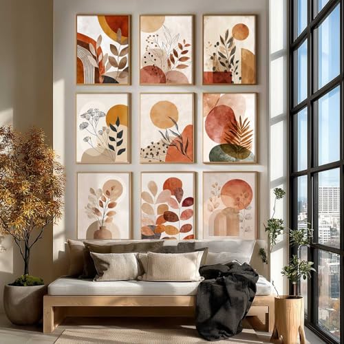 Image of kotart Aesthetic Boho Floral Painting Wall Art Home Decoration | Abstract Floral Aesthetic Paintings With Frame For Living Room Bed Room Hotel Wall Decor Digital Reprint Set of 9 (13X17 inch)