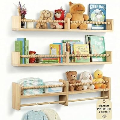 Stelzriede Nursery Shelves for Wall – Nursery Book Shelves with Hanging Rod – Set of 3 Wooden Wall-Mounted Shelves, Rounded Edges, Nursery Bookshelf for Kids Room Decor, 31.5" x 3.9" x 3.7"