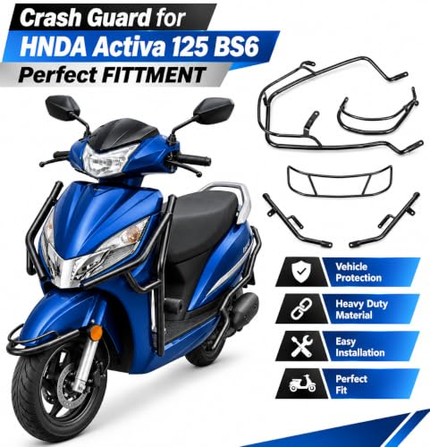 Image of Crash Guard for Hnoda Activa 125 BS6| Heavy Duty Front & Rear And Side Body Protection Guard with Sliders | Black Safety Guard for Scooter