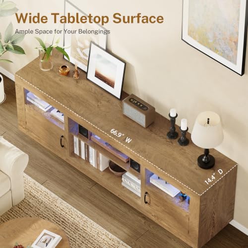 Image of TEENFON TV Stand for 75 inch TV, Entertainment Center with LED Lights & Adjustble Shelves, 27.6 inchH TV Console, Media Console with Open Storage & Side Cabinets, TV Stands for Living Room, Natural Brown