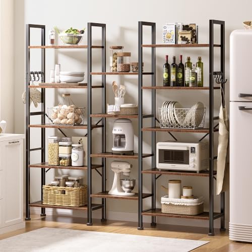 Image of Furologee Triple Column 5 Tier Bookshelf, Large Bookcase with 14 Display Shelves, Adjustable Book Shelf with 6 Hooks, Rustic Bookshelves Storage Organizer, Shelving Unit for Living Room, Bedroom