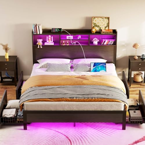 Image of Rolanstar Queen Bed Frame with Storage Headboard & 4 Drawers, Metal Platform Bed with Charging Station, LED Single Bed with Side Shelf, No Box Spring Needed, Easy Assembly, Black
