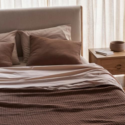 Image of Haus and Kinder Double Bedsheet, 300 TC 100% Organic Cotton Percale Weave, Fitted Bedsheet for Double Size Bed with 2 Pillow Covers - Marrow Stitch Detaling (Coastal Calm, 60 inchx78 inchx10 inch Size)