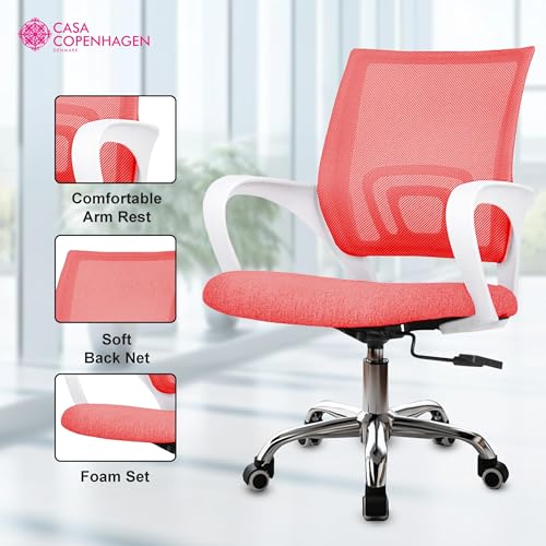 Image of Casa Copenhagen Mesh Mid Back Office /Study /Computer /Revolving /Desk Chair for Work from Home -Metal Base, Height Adjustable Seat-Rudy Red & White Handle