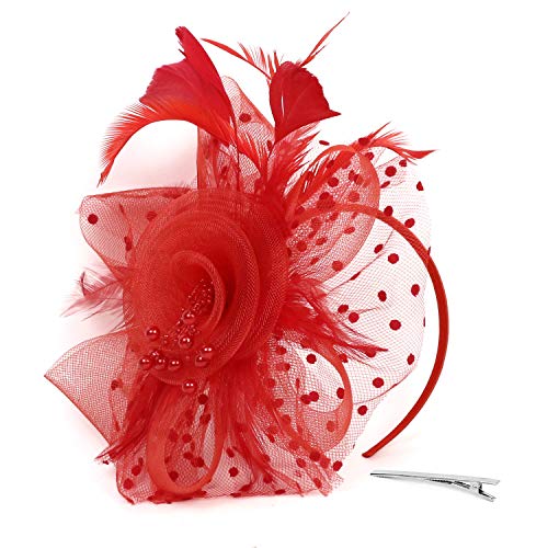 DOOVID Fascinators Hat for Women Tea Party Headband Wedding Cocktail Flower Mesh Feathers Hair Clip Red