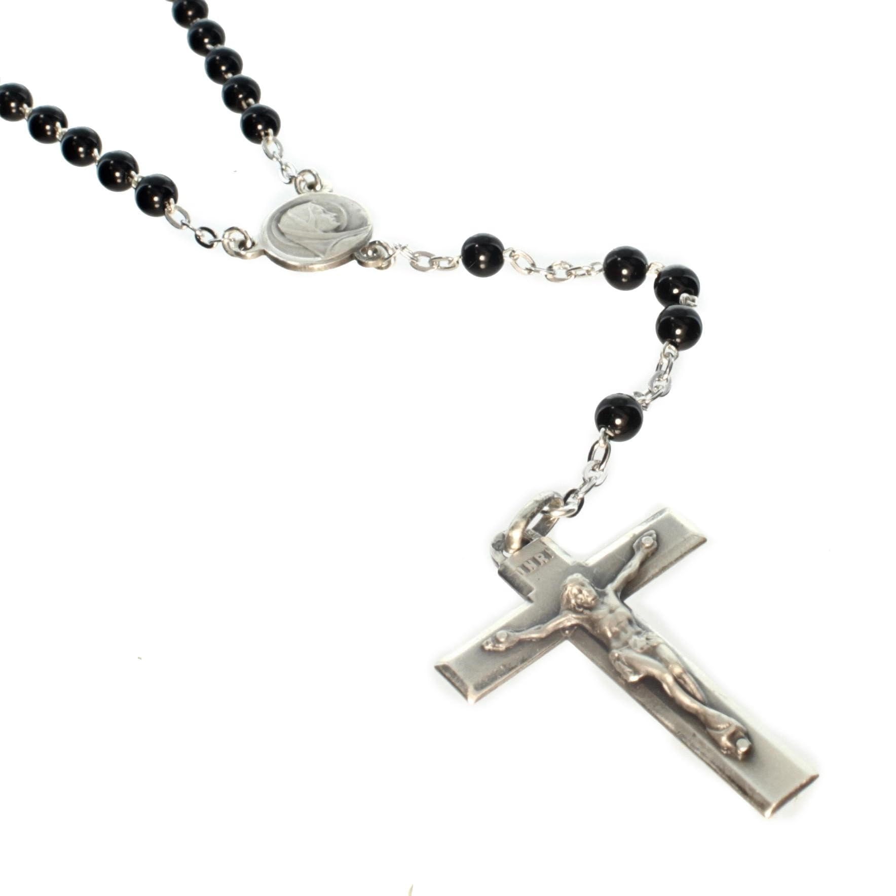 Palacio del Rosario Rosario de Plata y Piedra de Águeda Negra de 4 mm – Rosario Plata – Culto Cristiano de Plata, 32 cm, Plata de ley
