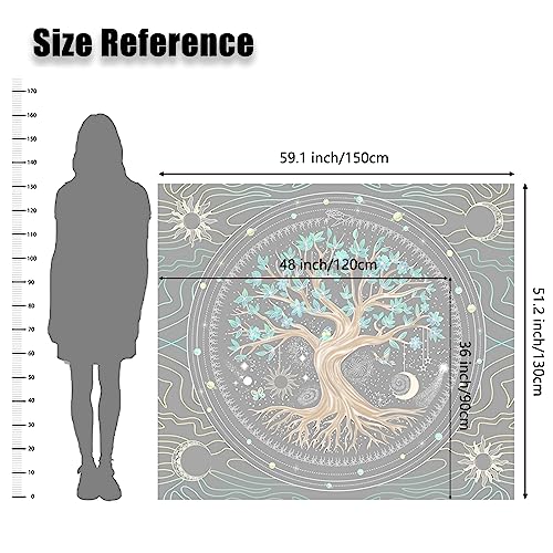 AACKart Wandteppich Baum des Lebens – spiritueller Wandteppich für Schlafzimmer, ästhetischer Sonne, Mond, Wandteppich, Baum-Wandteppich, Wandbehang – 150 x 130 cm