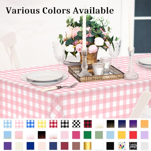 Image of 12 Pcs Pink Gingham Tablecloth 54 x 108 Inches Pink and White Checkered Table Cloth Disposable Plastic Waterproof Tablecover for Outdoor Picnic, Birthday Party, Holiday Dinner