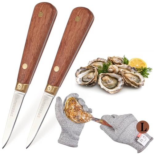 SPEENSUN Austernmesser,Austernmesser und Handschuh,2 Oyster Knife mit Premium-Holzgriff,Edelstahl Austernöffner mit Handschuhe mit Schutzstufe 5 (L)...