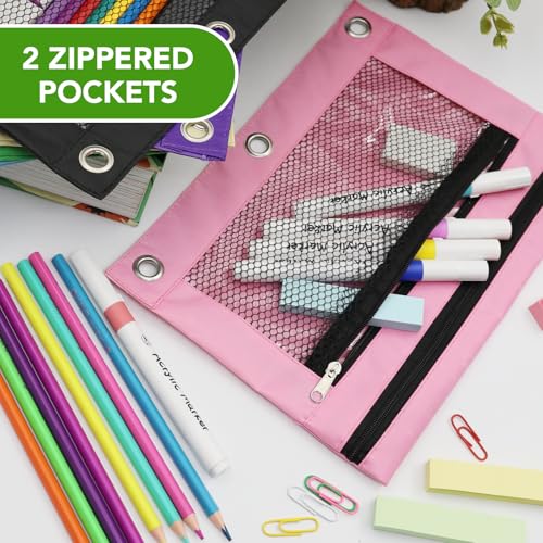 Image of Pencil Pouch for 3 Ring Binder, Heavy Duty Canvas Dual Zipper Pen Bag with Clear Window, Smooth Metal Zipper, Fit Standard 3-Ring Binders for School Office Travel Supplies (Pink)
