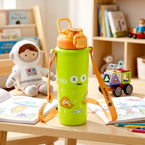 Image of Nayasa Kiddy Duo-Sip Insulated Inner Steel Kids Water Bottle 700-635ml | Dual Drinking Options | BPA-Free & Food Safe | Wriggly Jiggly Print | With Strap, Carry Handle - Green