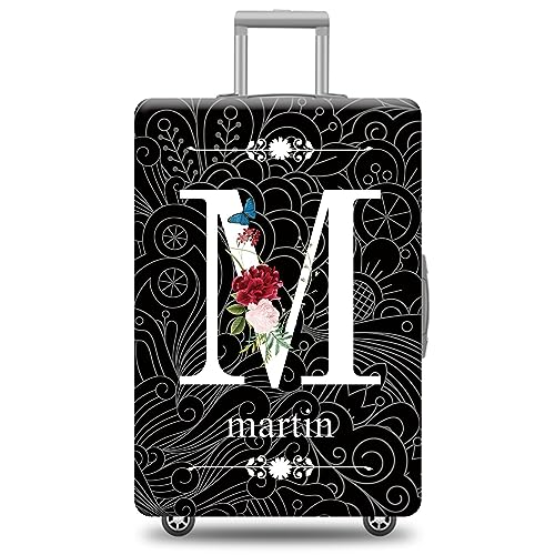 Personalized Name Flower Butterfly Letter M Luggage Cover Monogram Initial Black Print Suitcase Cover Fits 18-21 Inch Luggage Elastic Washable Baggage Protector