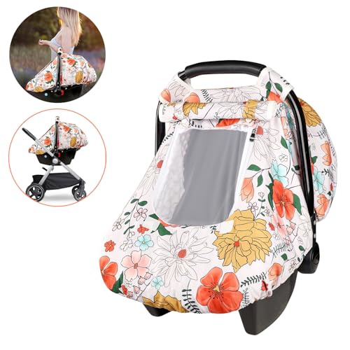 Image of Baby Carseat Cover Girls, Pea Pod Infant Car Seat Covers Canopy for Newborn with 2 Layers Windows of Breathable Mesh /Fabric, Lightweight Polyester /Minky Dot Backing, Snug Fit Most Baby Car Seat