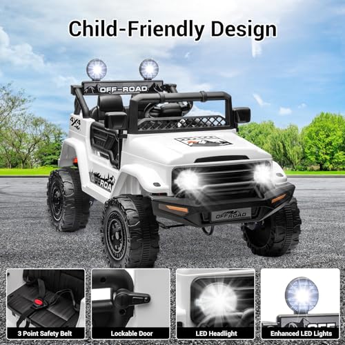 SEHOMY 12V Kids Ride On Truck with Parent Remote, 4 Wheelers Battery Powered Electric Toys Car for Kids - 3 Speed, Spring Suspension, LED Lights, Safety Start, Music, Kids Electric Vehicles White - Thumbnail 5