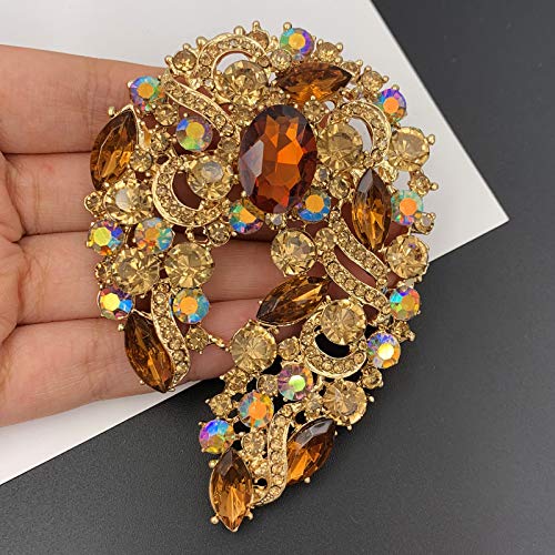 Image of SELOVO Big Large Rhinestone Green Leaf Statement 3.5 inch Brooch Pin Scarf Broach Gold Tone