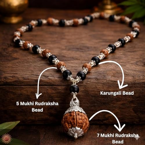 Image of Original Karungali & Rudraksha Mala | 54 Beads with 7 Mukhi Powerful Rudraksha Pendant | Govt. Lab Certified | Silver Capped Natural Energy Mala for Positivity, Protection & Spiritual Growth