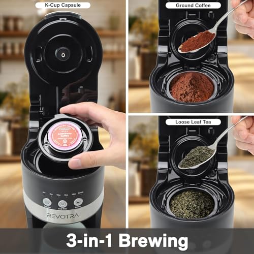 Image of REVOTRA Single Serve Coffee Maker for Pods & Ground Coffee, 6 to 14oz Brew Sizes, Strong Brew Option, Fast Brewing, Compact Design with Removable 40oz Reservoir, Travel Mug Friendly