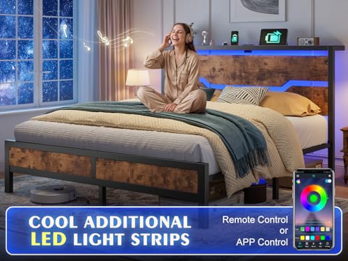 Image of Homkdom Full Size Bed Frame with USB Ports & LED Lights, Headboard Shelf, Heavy Duty Metal Platform with 10.24 inch Underbed Storage, Noise-Free Slats, No Box Spring Needed, Modern Brown