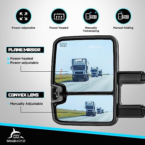 Image of WHALEMOTOR Smoked Heated Tow Mirrors Compatible with 2003-2006 Chevy Silverado GMC Sierra 1500 2500 3500, Extended Trailer Towing Side Mirror w /Backup Light, Tahoe Suburban Avalanche Yukon Escalade