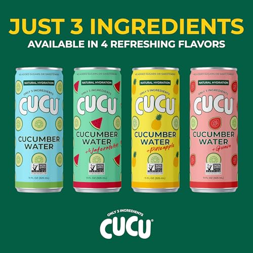 Image of CUCU Pressed Cucumber Water Variety Pack - Real Juice from Fresh Cucumbers, Watermelon, Guava & Pineapple, with Vitamin C, Electrolytes, Antioxidants - No Sugar Added, Non-GMO - 11 fl oz Cans, 12 Pack