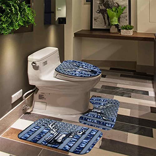 Skailié 4Pcs Camo Deer Shower Curtain Set, Blue Camouflage American Flag Elk Moose Woodland Forest Animal Wildlife Hunting Lodge Cabin Bathroom Decor Waterproof Fabric Shower Curtain Non-Slip Bath Mat #TOP4
