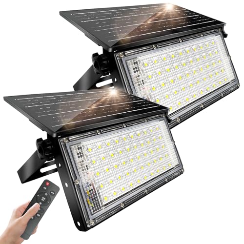 CREATESTAR Foco Solar Exterior 50W 2 Piezas, Súper Brillante Luz Solar Exterior con Mando a Distancia, IP65 Impermeables Lamparas Solares para Jardín Patio Garaje