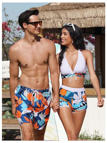 MakeMeChic Men's Tropical Print Swim Trunk Summer Casual Drawstring Beach Board Shorts4