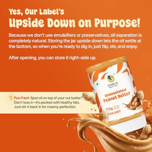 Image of Asmita Organic Farms Creamy Peanut Butter Unsweetened 325g | Made with Roasted Peanuts | No Added Sugars or Salt | High Protein Spread | Cholesterol & Trans Fat Free | Healthy Breakfast Spread