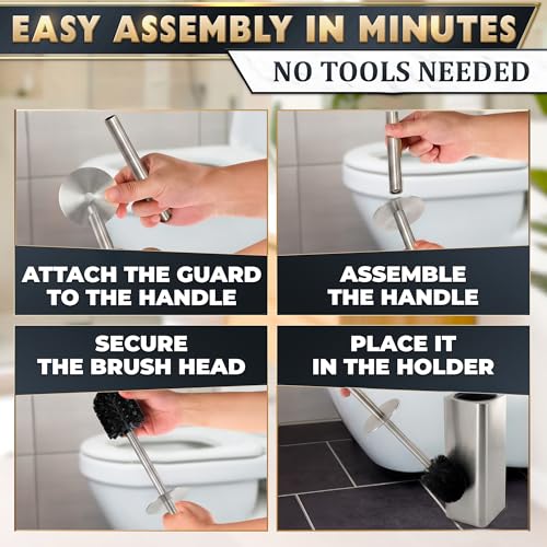 Image of Silver Toilet Brush and Holder Set - Upgrade Your Bathroom in Seconds - Stainless Steel Toilet Bowl Brush and Holder with 2 Rounded Corners, Replaceable Head, Removable Inner Bowl & Splash Guard Cover
