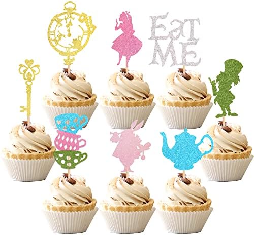 24 PCS Alice In Wonderland Cupcake Toppers Glitter Bowl Key Clock Fairy Eat Me Cupcake Picks Tea Party Cake Decorations for Baby shower Kids Boys Girls Birthday Party Supplies