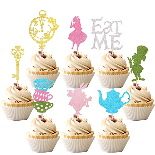 Image of 24 PCS Magic Alice Cupcake Toppers Glitter Bowl Key Clock Fairy Eat Me Cupcake Picks Tea Party Cake Decorations for Baby Shower Kids Boys Girls Birthday Party Supplies