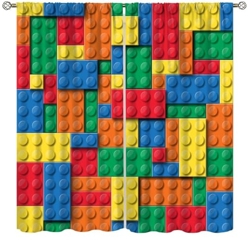 Colorful Toy Curtains for Kids Bedroom,3D Design Building Brick Blocks Printed Window Treatments for Boys Girls Room Living Room Study Nursery Drapes 2 Panels Set,Total Size 42 x 45 Inch