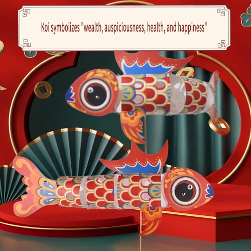 Image of Spring Festival Lantern Chinese New Year Lanterns Year of the Dragon Creative KOI Fish Lanterns Handmade DIY Lanterns Material Lantern(Red)
