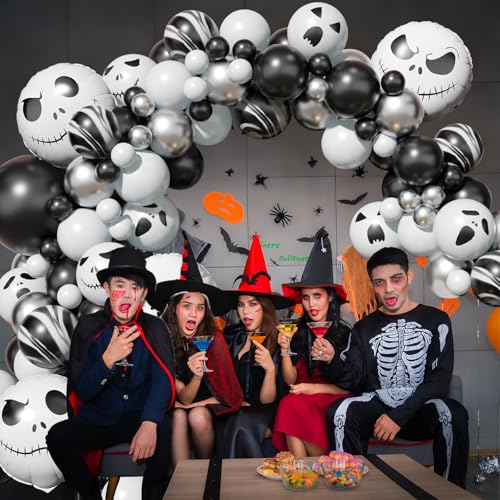 Halloween Balloon Arch Garland Kit with Skull Foil Balloons, 108 pcs Black Agate Marble White Metallic Silver Latex Balloons with Ghost Face Print Balloon for Kids Halloween Party Decorations Supplies - Image 5