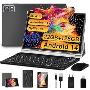 SUAAT Tablet 2025 Newest Android 14 Tableta 10 Pulgadas 22GB RAM+128GB ROM/1TB TF, Octa-Core, WiFi 5G, Bluetooth 5.0, 8000mAh, GMS Certified, 8MP+5MP, Tablet PC con Funda, Teclado y Ratón – Negro