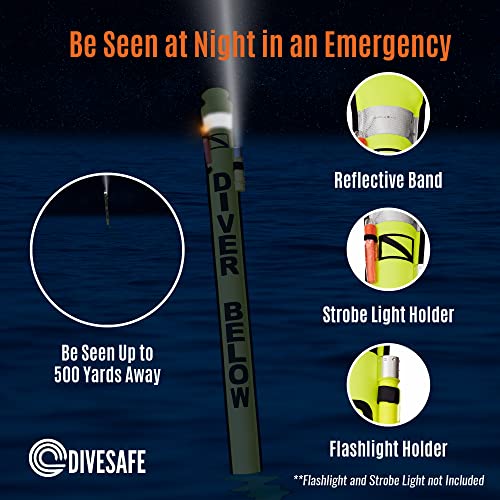 Divesafe Surface Marker Buoy – 7Ft Closed Bottom With High Visibility Reflective Band, Strobe Light And Flashlight Holder, 100Ft Abs Finger Reel And Whistle #TOP2